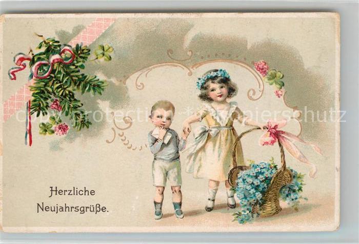 Neujahr Kinder Vergissmeinnicht Litho