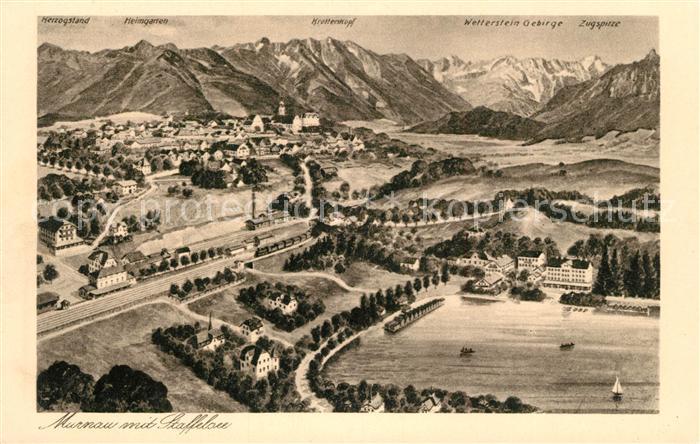 Murnau Staffelsee Panorama Alpen Kuenstlerkarte Kupfertiefdruck