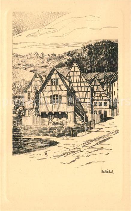 Bad Liebenzell Partie an der Baumstrasse Zeichnung Kuenstlerkarte