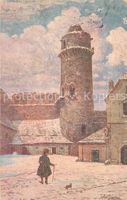 Strakonice Ruine mit Turm Kuenstlerkarte
