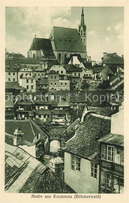 Krummau Suedboehmen ueber den Daechern mit Kirche