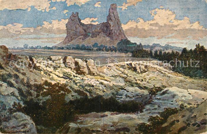 Trosky Tschechien Kuenstlerkarte Landschaft mit Felsen