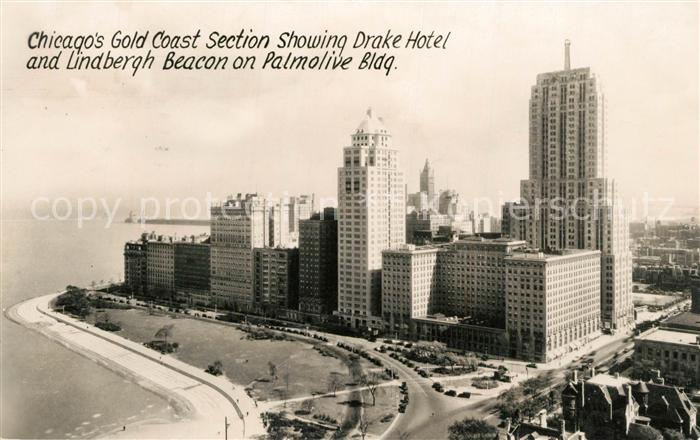 Chicago Illinois Drake Hotel and Lindbergh Beacon on Palmolive Building
