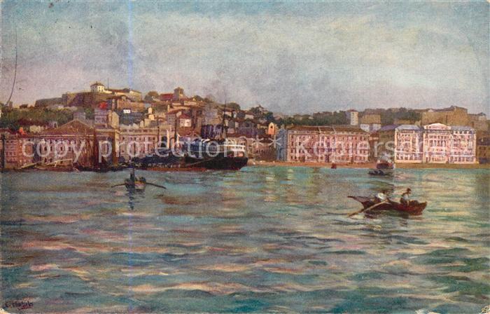 Trieste Ansicht vom Meer aus Hafen Dampfer Kuenstlerkarte