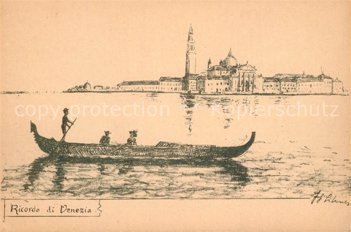 Venezia Venedig Gondel Ansicht vom Wasser aus Zeichnung Kuenstlerkarte