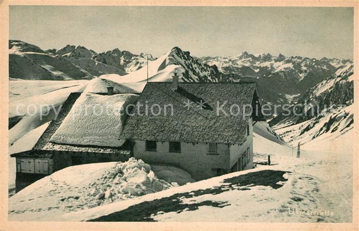 Ulmer Huette Valluga Blick gegen Scesaplana Alpenpanorama im Winter