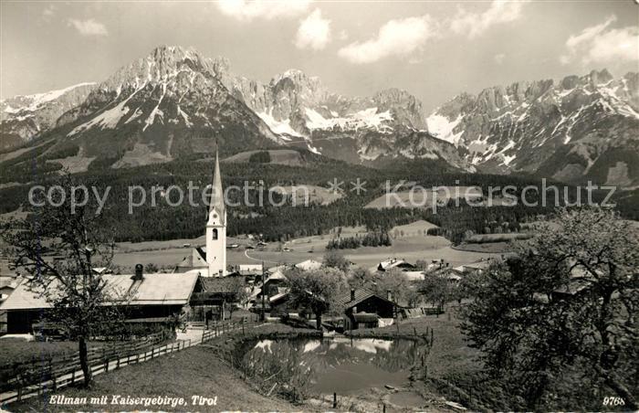 Ellmau Tirol Ortsansicht mit Kirche Blick zum Kaisergebirge