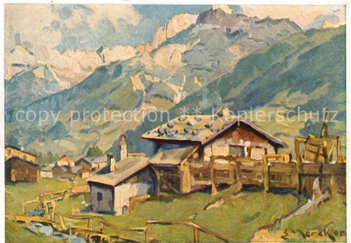 Stubaital Ortsansicht mit Alpen Korn Kuenstlerkarte