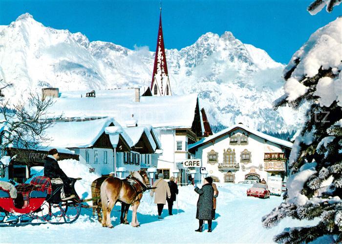 Seefeld Tirol Tiroler Schmuckkastl Ortsmotiv mit Pferdeschlitten Kirche Blick ge