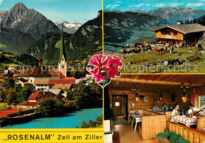 Zell Ziller Tirol Jausenstation Rosenalm Ortsmotiv mit Kirche Blume Alpenblick