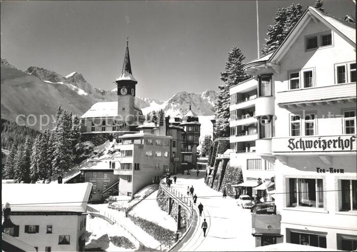 Arosa GR Strassenpartie mit Kirche und Hotel Schweizerhof