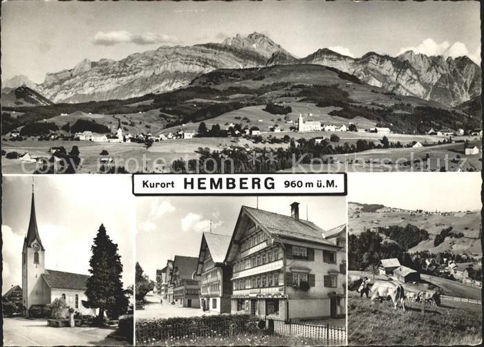 Hemberg SG Gesamtansicht mit Alpenpanorama Viehweide Kuehe Kirche Ortspartie
