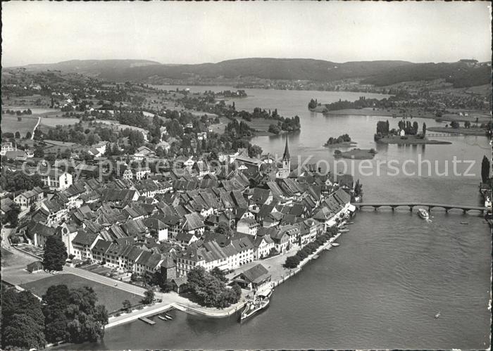 Stein Rhein mit Insel Werd und Untersee Rheinbruecke Fliegeraufnahme