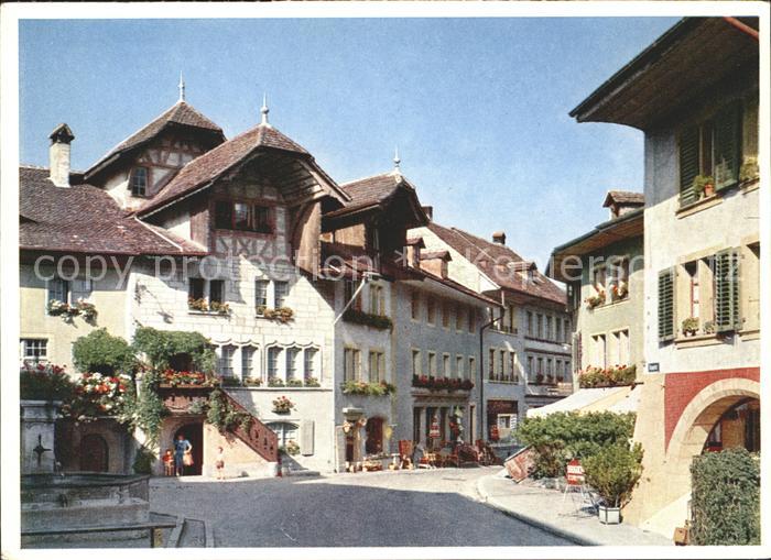 Murten Morat Ortspartie Brunnen Schweizer Wandkalender 1955