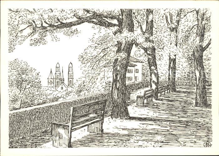 Zuerich Hohe Promenade Kirchtuerme Kuenstlerkarte