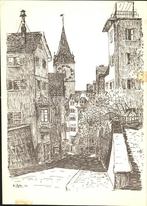 Zuerich Pfalzgasse und Kirche St. Peter Kuenstlerkarte