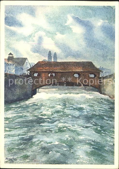 Zuerich Gedeckte Bruecke am untern Muehlesteg Kuenstlerkarte Aquarell Hugo Frey