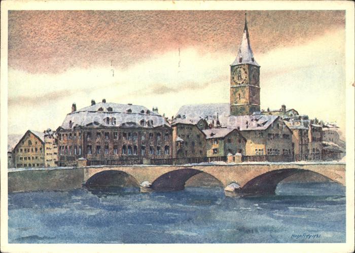 Zuerich St. Peterskirche mit Meise Helmhausbruecke Kuenstlerkarte Aquarell Hugo