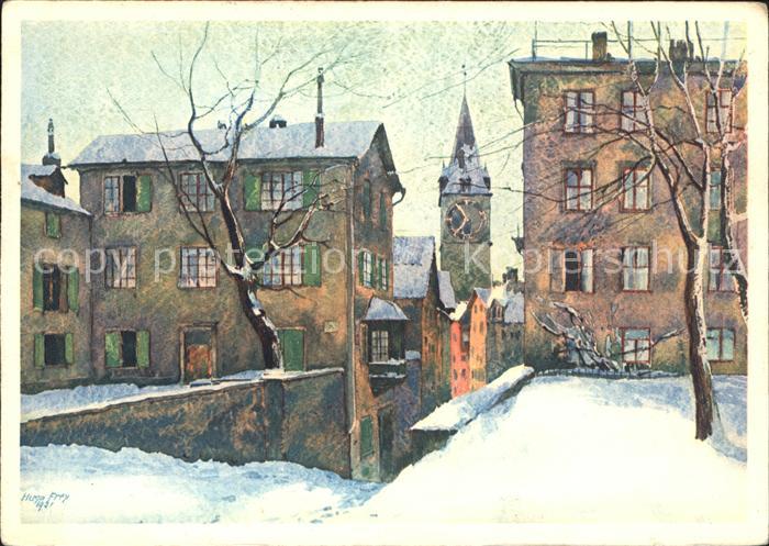 Zuerich Blick vom Lindenhof in Pfalzgasse Kirchturm Kuenstlerkarte Aquarell Hugo