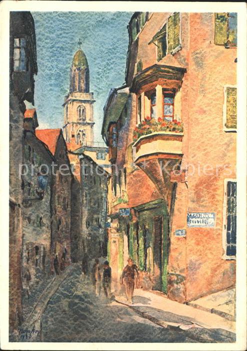Zuerich Oberdorf mit Grossmuenster Kuenstlerkarte Aquarell Hugo Frey Kupfertiefd