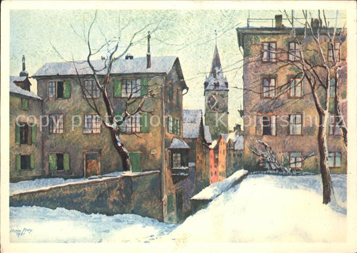 Zuerich Blick vom Lindenhof in Pfalzgasse Kuenstlerkarte Aquarell Hugo Frey Kupf