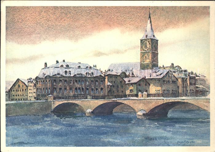 Zuerich St. Peterskirche mit Meise Helmhausbruecke Kuenstlerkarte Aquarell Hugo