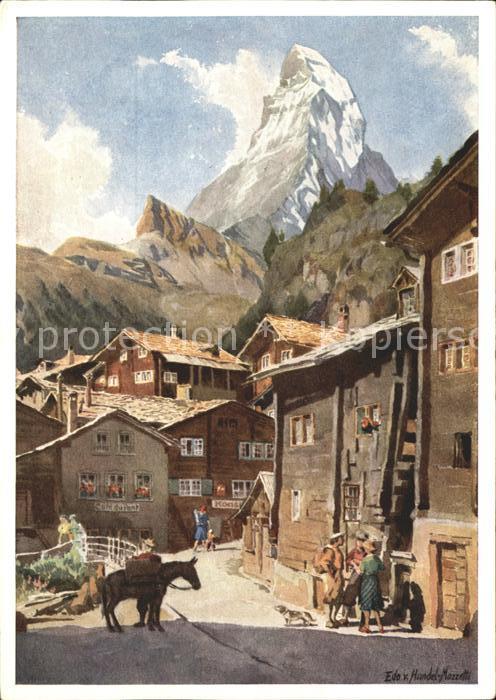 Zermatt VS Dorfstrasse mit Matterhorn Kuenstlerserie Zermatt Aquarelle von Hande