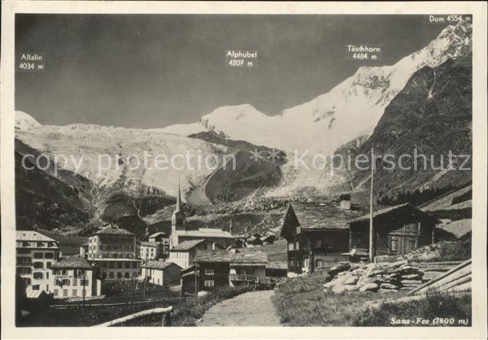 Saas-Fee Ortsansicht mit Kirche Mischabelgruppe Gletscher