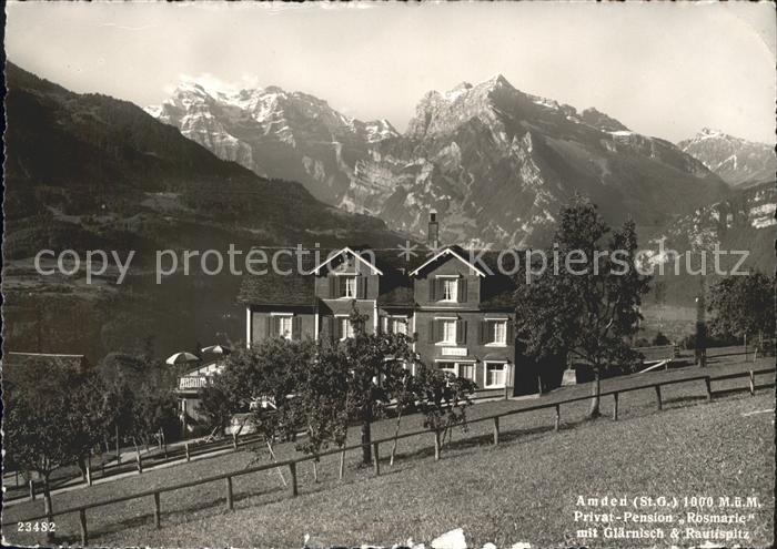 Amden Walensee SG Privat Pension Rosmarie mit Glaernisch und Rautispitz Alpenpan