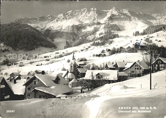 Amden Walensee SG Oberdorf mit Kirche Blick zum Mattstock Alpstein Winterpanoram