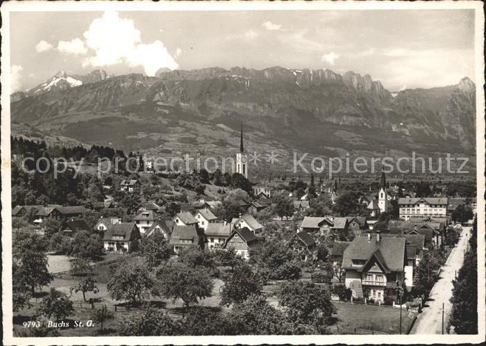 Buchs SG Ortsansicht mit Kirche Alpenpanorama