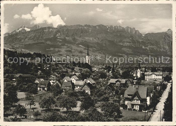 Buchs SG Ortsansicht mit Kirche Alpenpanorama