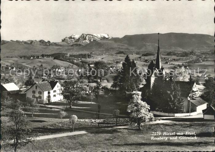 Hirzel Horgen Ortsansicht mit Kirche Blick zum Etzel Rossberg und Glaernisch