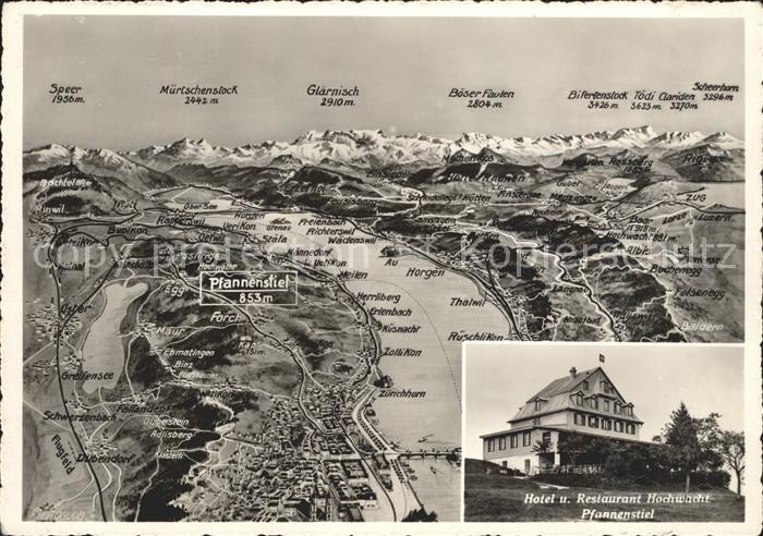 Pfannenstiel Staefa Hotel Restaurant Hochwacht uebersichtskarte Zuerichsee Alpen