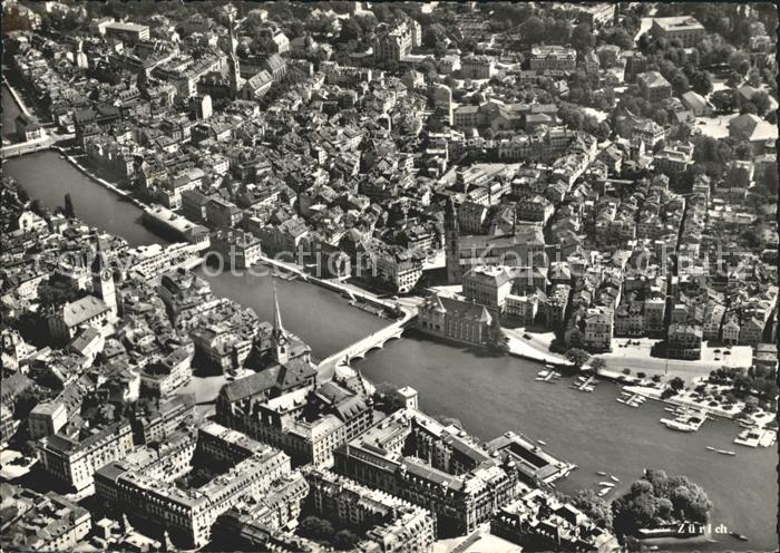Zuerich Fliegeraufnahme mit Limmat und Bruecken