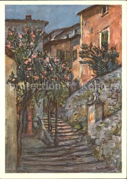 Gandria Lago di Lugano Strada in Gandria col oleandri Kuenstlerkarte