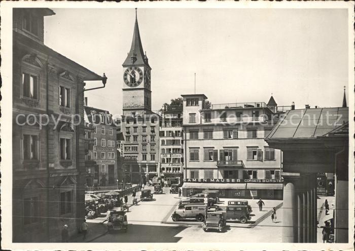 Zuerich Gemuesebruecke und Weinplatz mit St Peter Kirche