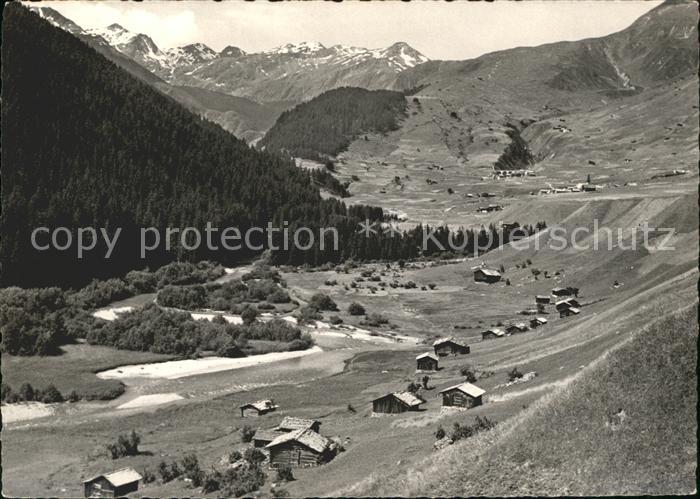Sedrun Blick ueber das Tal Alpenpanorama Buendner Oberland