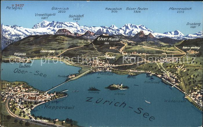Zuerichsee und Umgebung Gebiets Panoramakarte