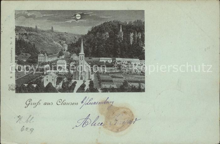 Clausen Luxembourg Ortsansicht mit Kirche im Mondschein