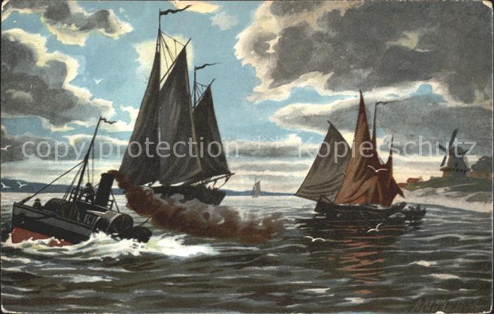Segelboote Dampfer Künstlerkarte