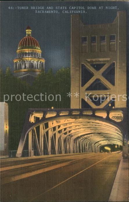 Sacramento California Tower bridge and state capitol dome at night