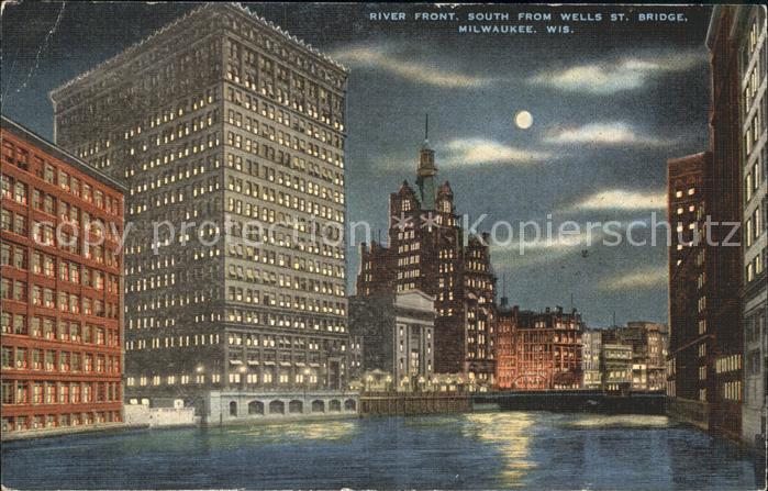 Milwaukee Wisconsin River Front south from Wells St Bridge at night