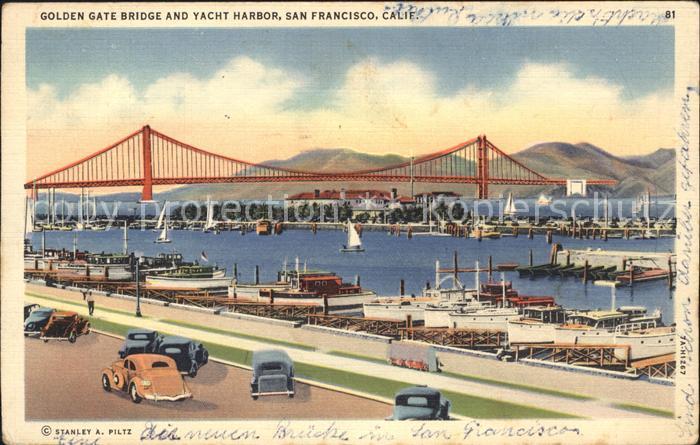 San Francisco California Goden Gate Bridge and Yacht Harvor Cars