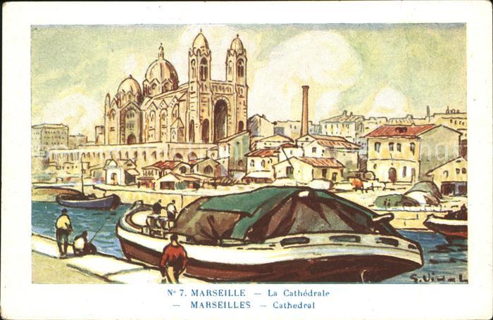 Marseille Bouches-du-Rhone Cathedrale Bateau Peinture Künstlerkart