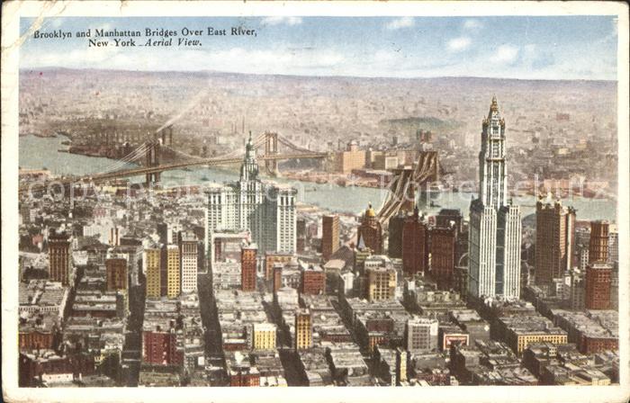 New York City Brooklyn and Manhattan Bridges over East River Skyscraper aerial v