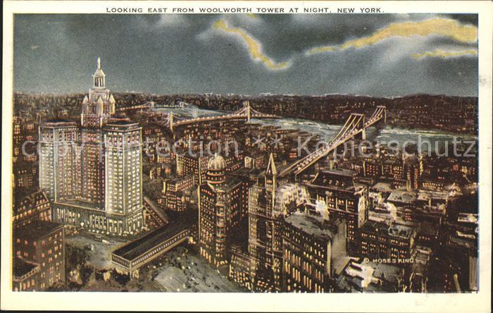 New York City Looking East from Woolworth Tower at night Bridges
