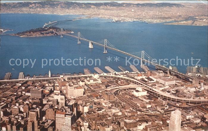 San Francisco California Birdseye view of Bay Bridge Oakland Bridge Yerba Buena