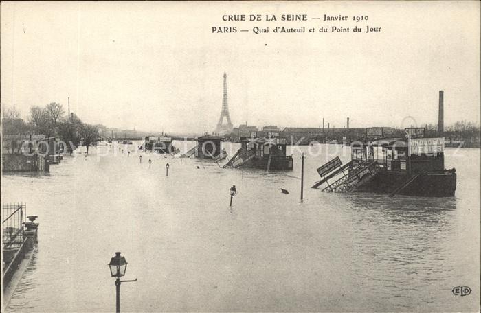 Paris Crue de la Seine Janvier 1910 Quai d Auteuil Pont du Jour Tour Eiffel Hoch