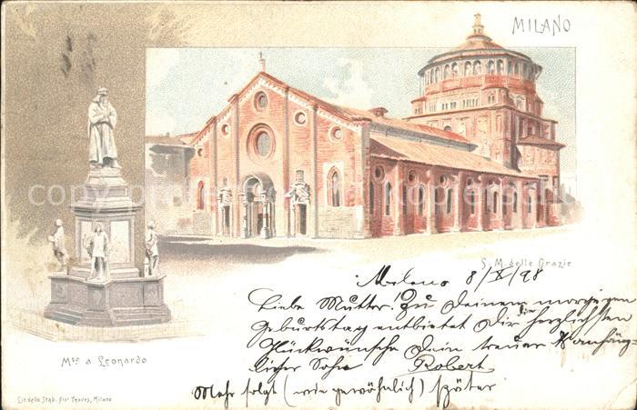 Milano Monumento a Leonardo Santa Maria delle Grazie Litho